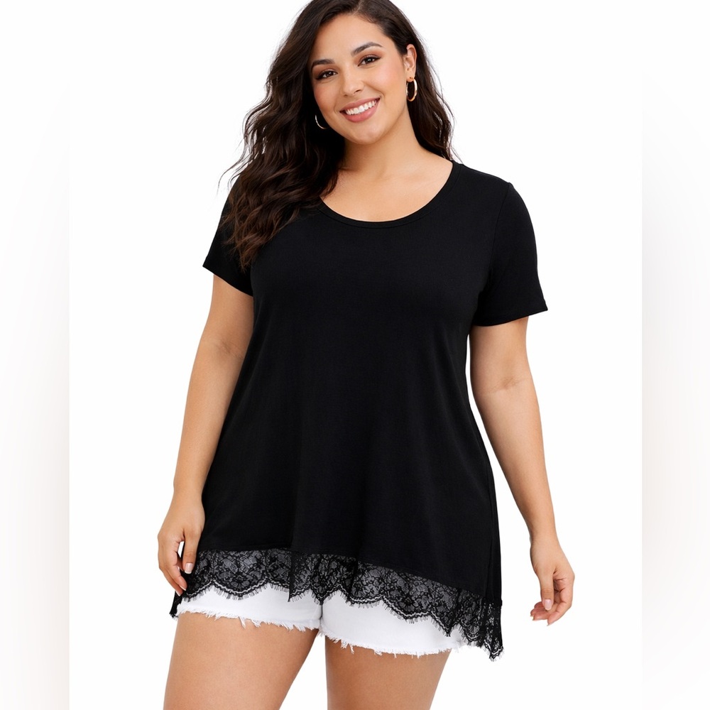 💜Mossimo Black Lace Hem Tunic Top Boho Chic Flowy Fit
